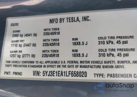 2020 Tesla Model 3 Standard Range Plus Rear-Wheel Drive/Standard Range Rear-Wheel Drive from USA, damaged, VIN 5YJ3E1EA1LF658020